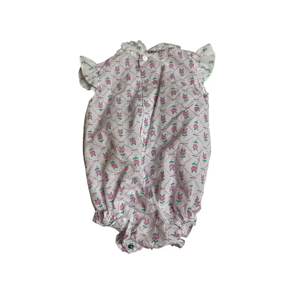 Vintage 80s Baby Girl Cottagecore Apron Dress Blue Romper Pink Lace‎ Prairie 12M